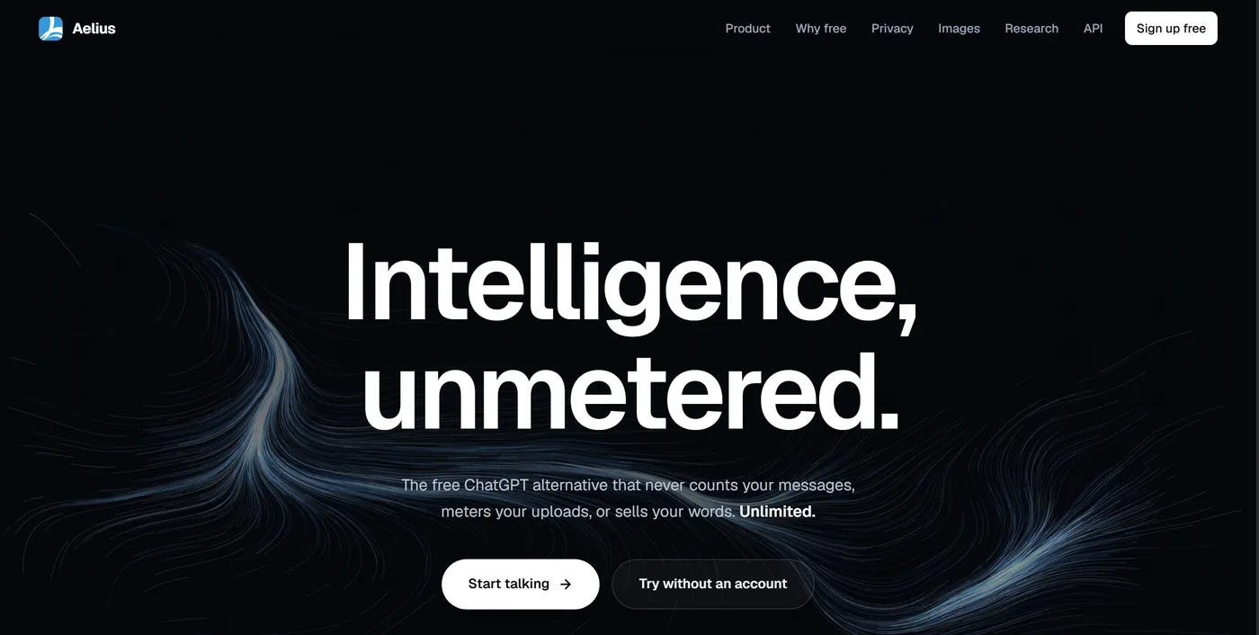 The aeliusai.com home page, with the headline Intelligence, unmetered.