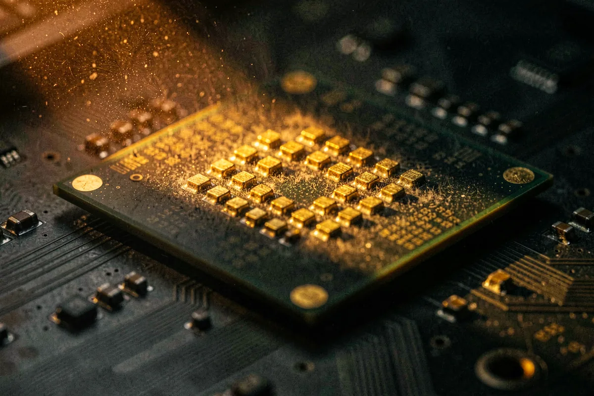 Macro photograph of a graphics processor die on a circuit board.