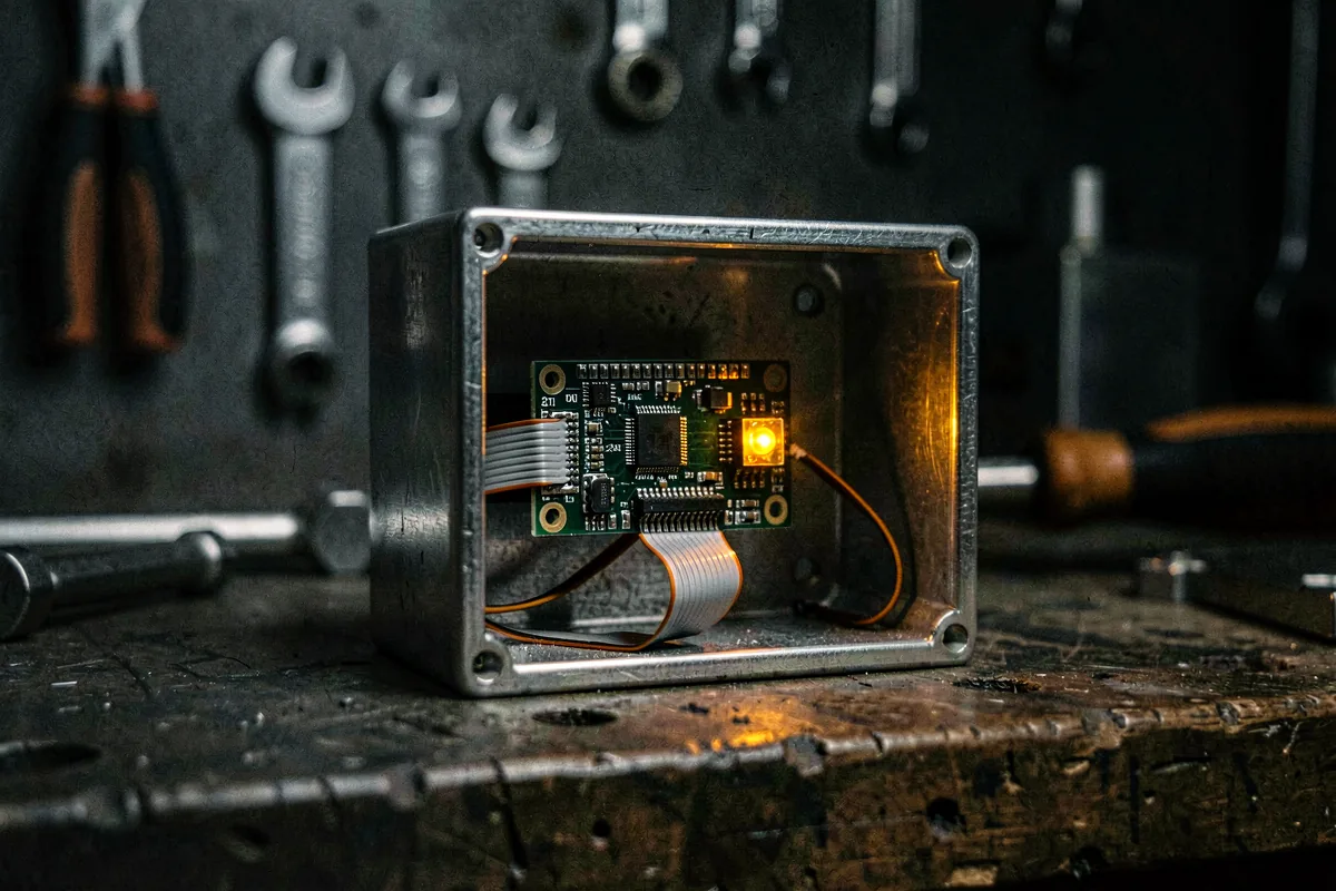 A single board computer in a metal enclosure on a workshop bench, one status light lit.