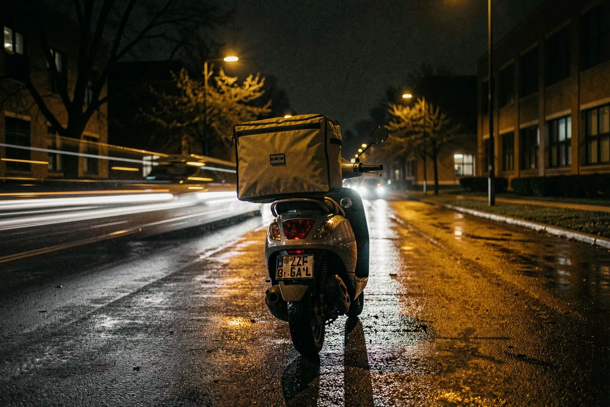 A courier bag on a scooter at night, headlights streaking past on wet asphalt.